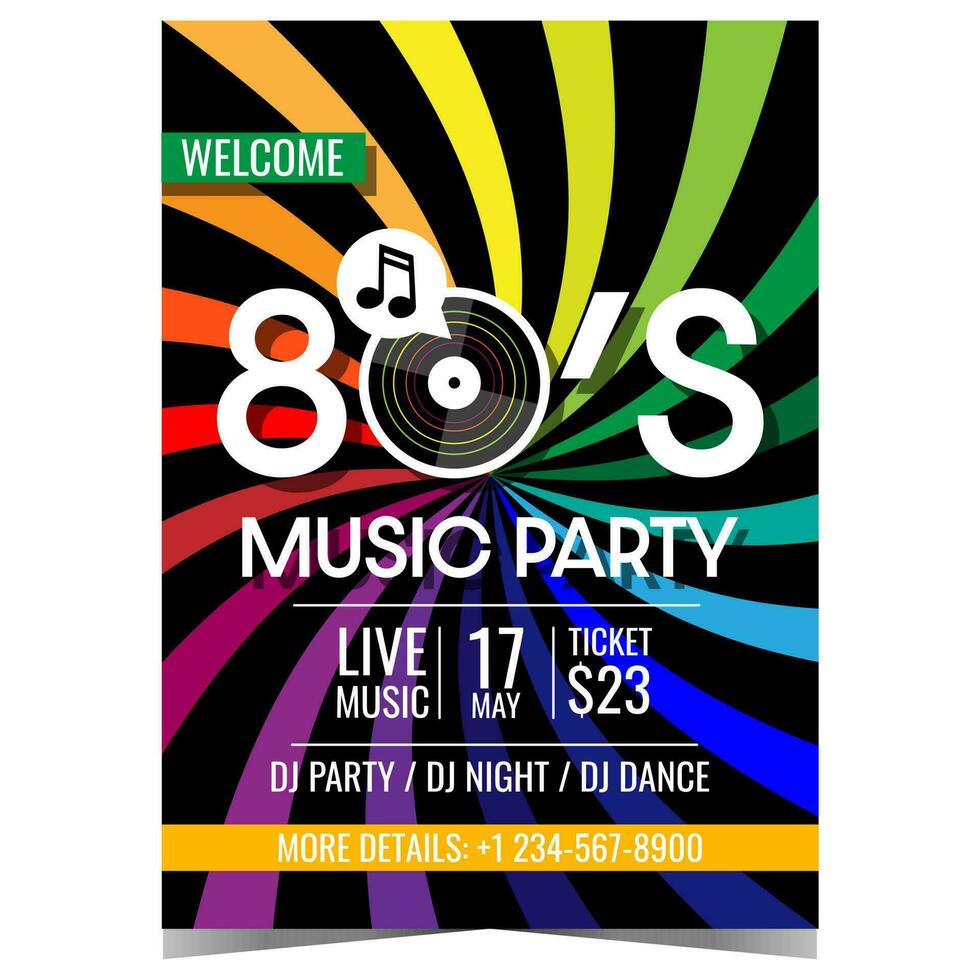 Retro music party banner or poster design. Vector illustration with colourful stripes and vinyl record on background suitable for 80's retro music live concert invitation, promo leaflet or flyer.