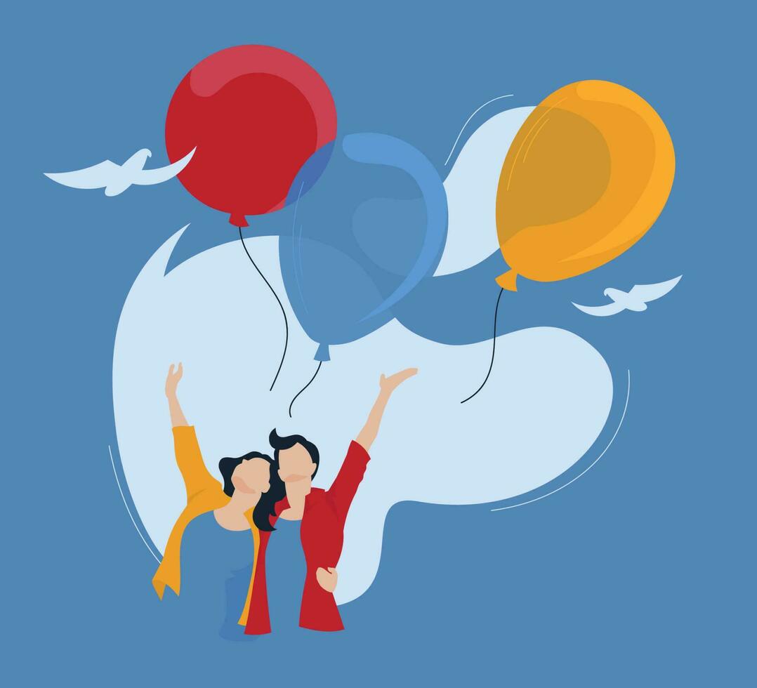 Happy people launch balloons into the sky. Festive mood. Blue sky, doves. Web site banner. Vector image.