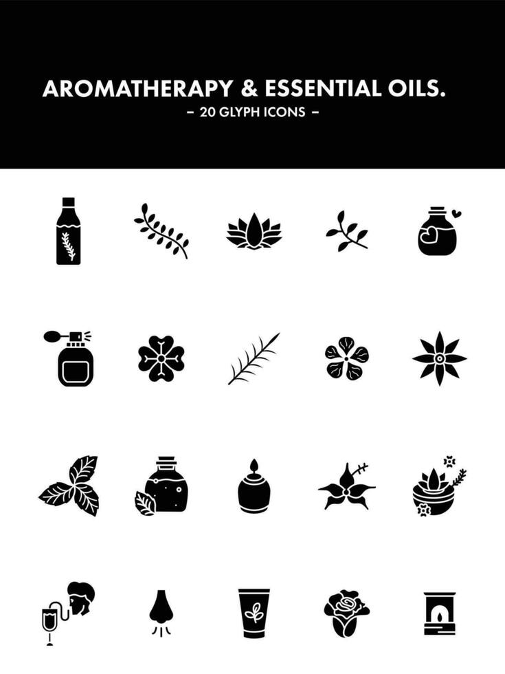 Aromatherapy And Essential Oils Icon Set In Glyph Style. vector