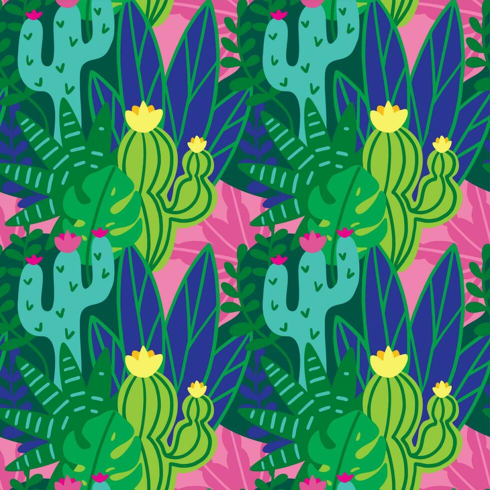 Cactus and tropical plants, seamless pattern.  Summer print. Vector. vector