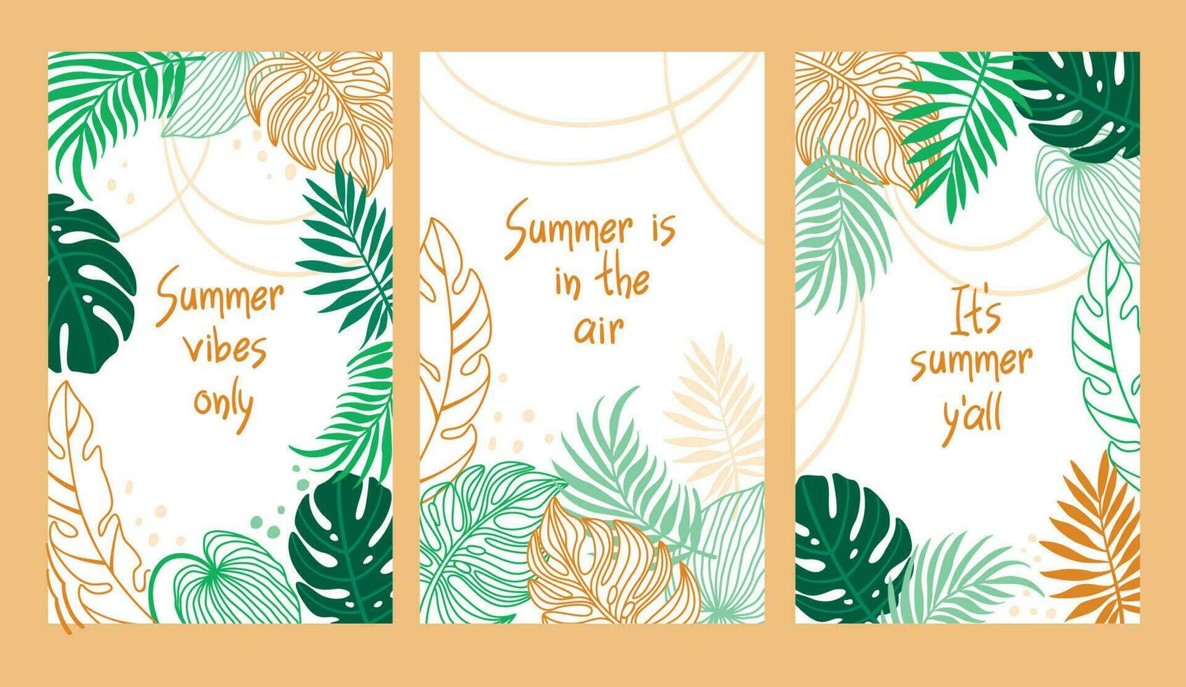 Summer background with tropical leaves in pastel colors. Set of flyers. Vector