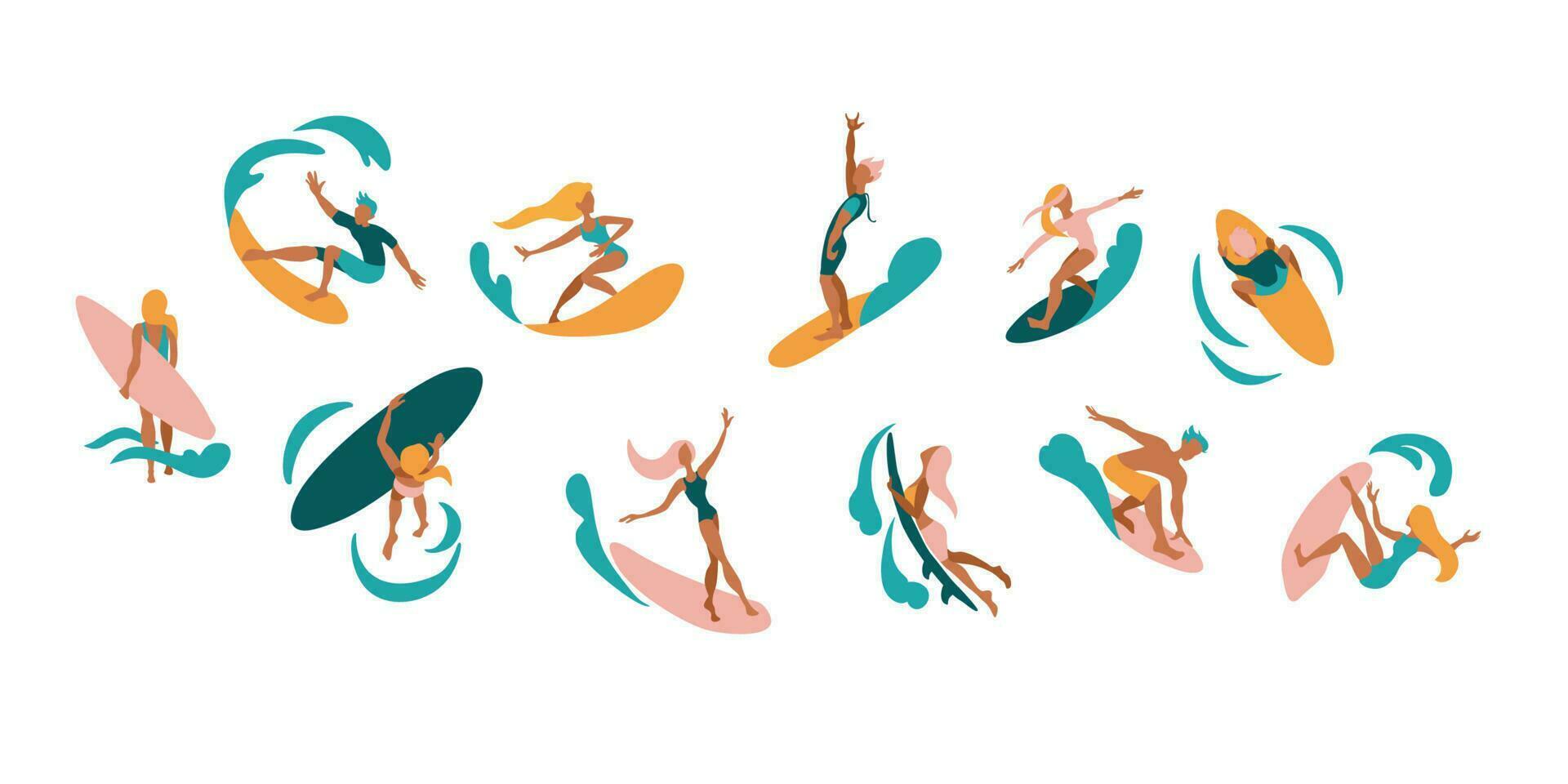 Silhouettes of surfers. Flat illustration. Vector. vector