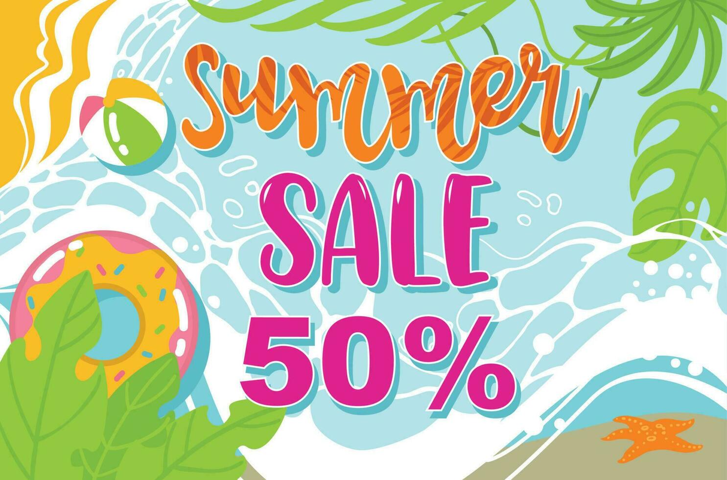 Summer sale horizontal banner template. Mockup. Your text here. Illustration of summer beach. vector