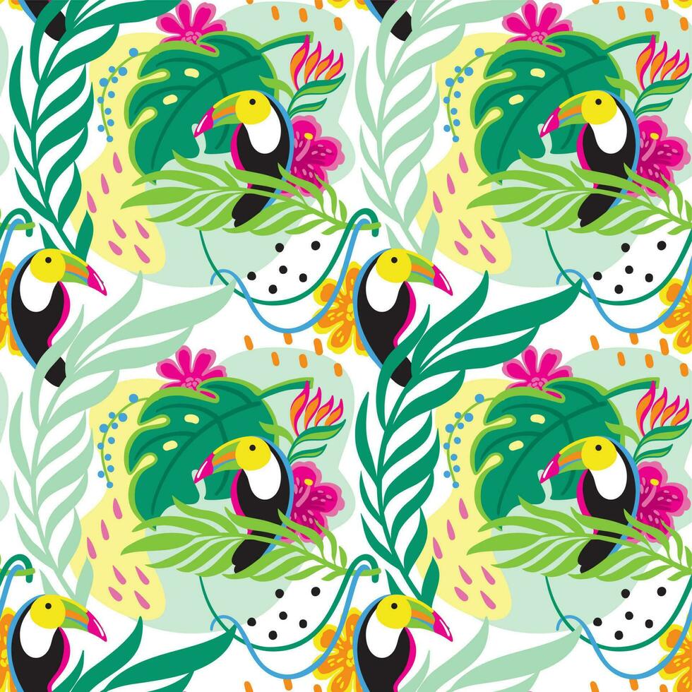 Toucan in tropical forest. Seamless pattern with exotic flowers and  leaves. vector