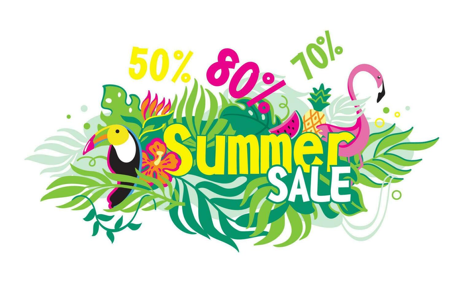 Exotic birds in tropical forest. Summer sales banner. Vector illustration.