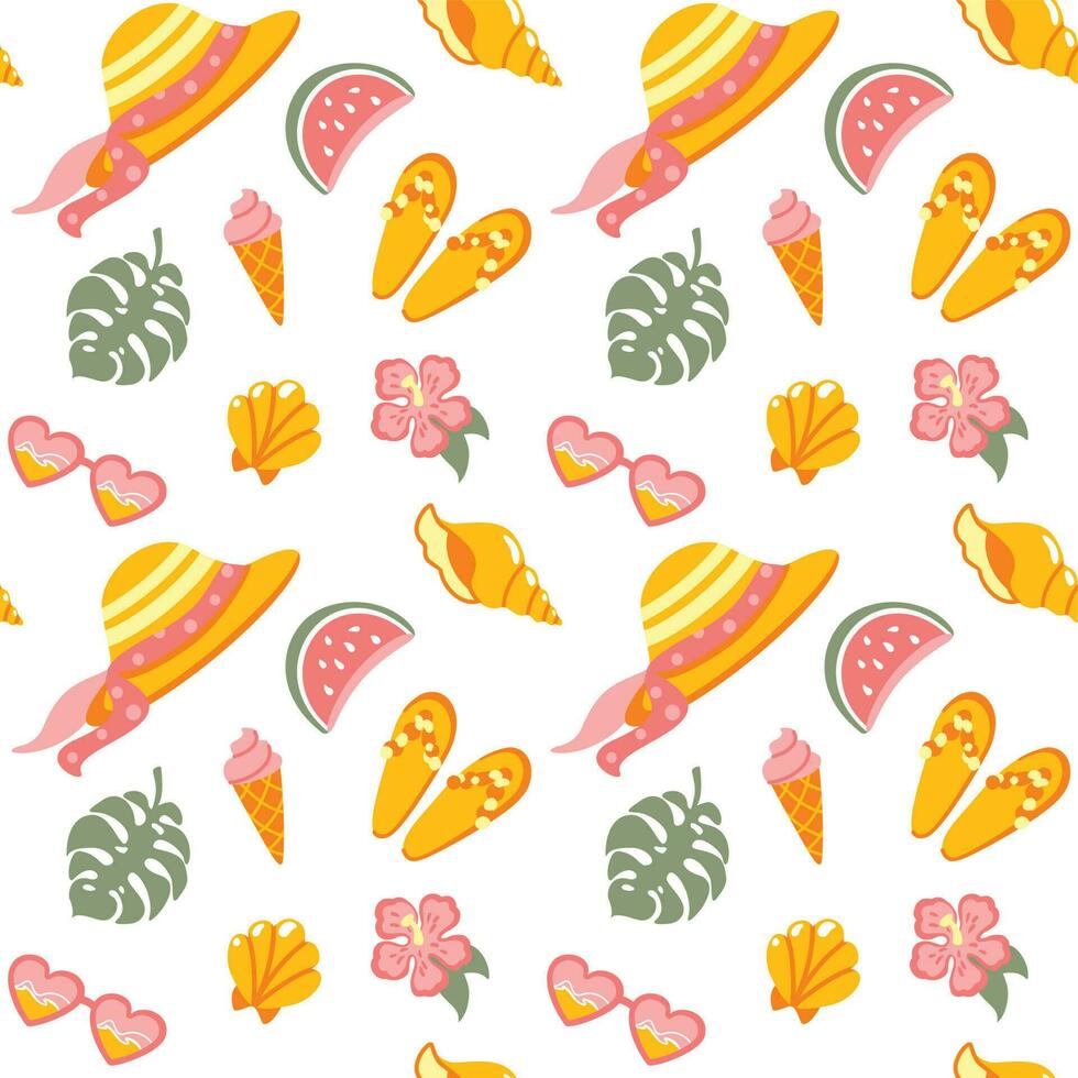 Summer beach, tropical leaves, ice cream, straw hat, vacation. Seamless pattern for fabric, wrapping, textile, wallpaper, apparel. Vector. vector