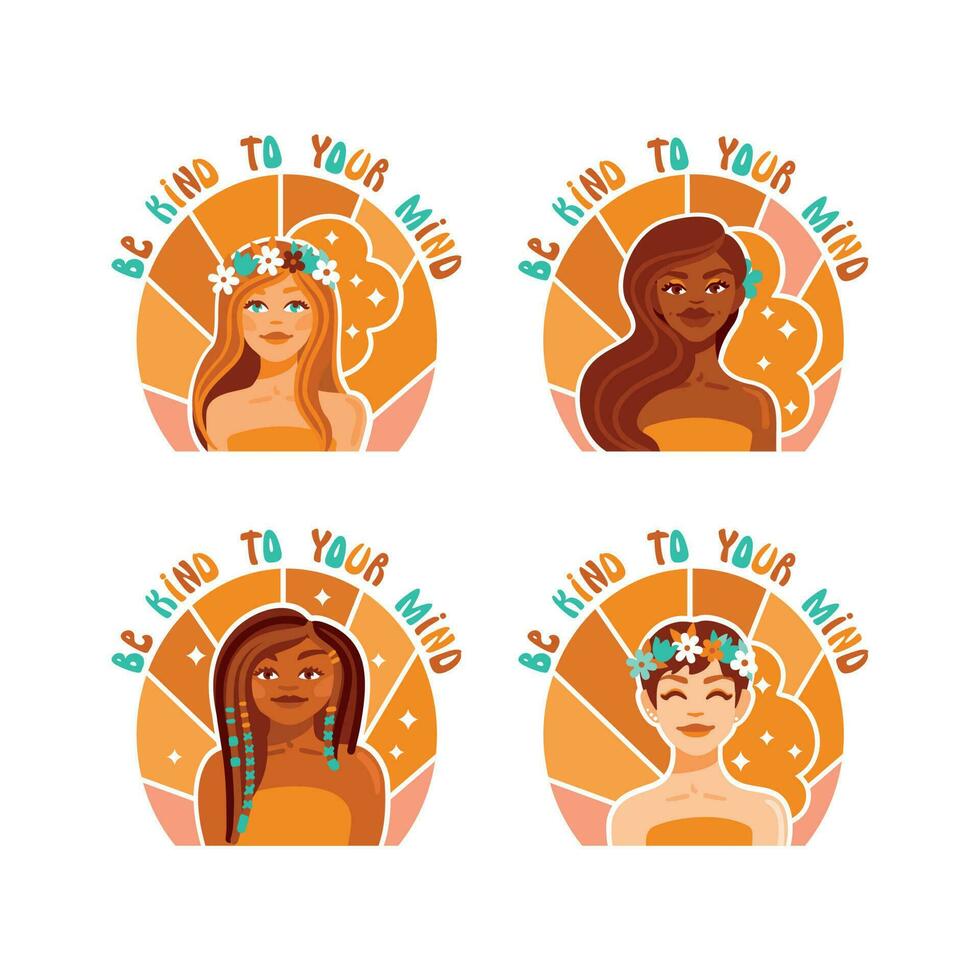 Healthy positive thinking. A set of illustrations on the theme - Healthy mind. Different women with a healthy psychological state. vector