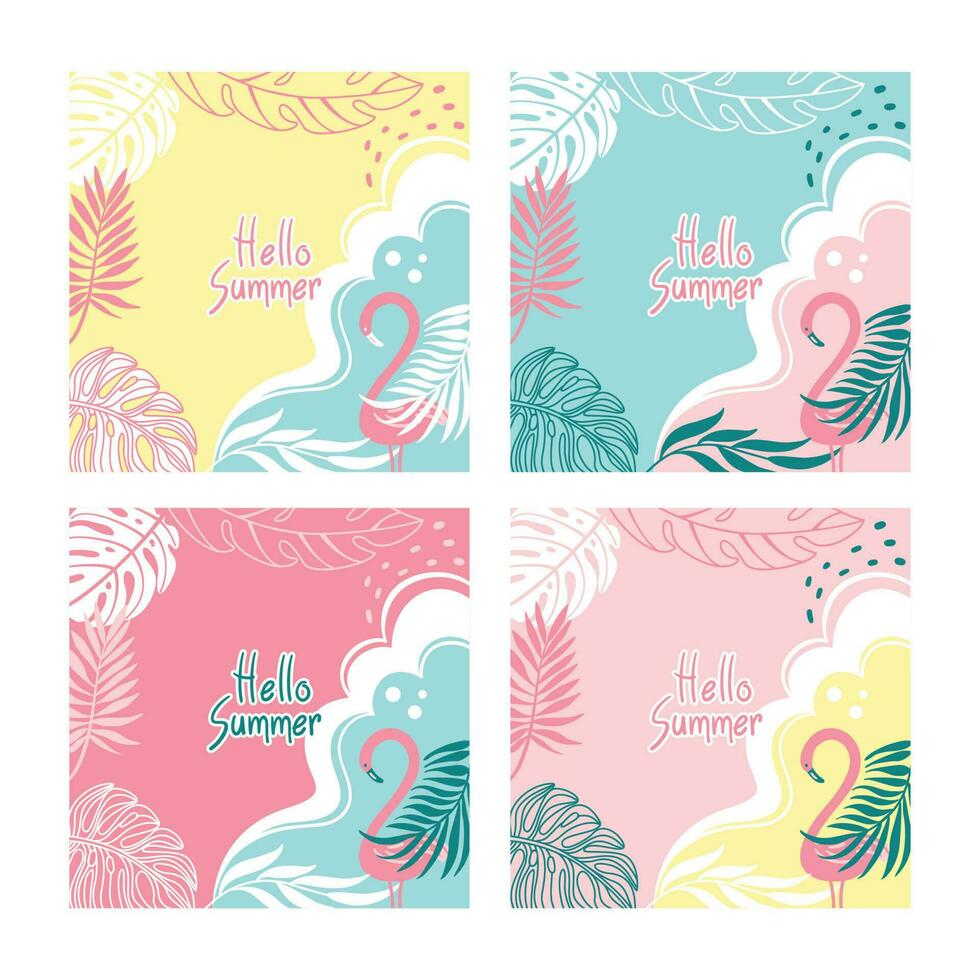 Pink flamingo in beach. Flyer set with summer illustration for your text.  Summer beach. Vector. vector