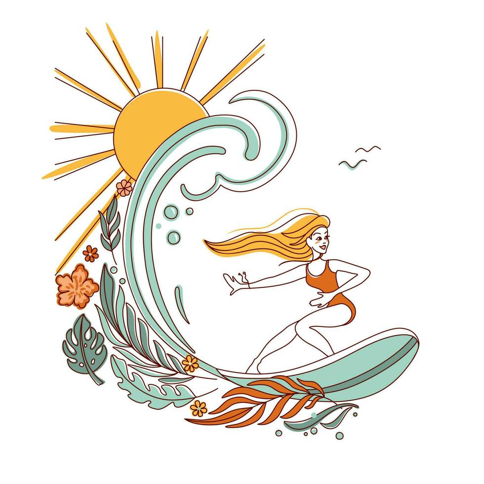 The girl surfing on waves in ocean. Summer print. vector