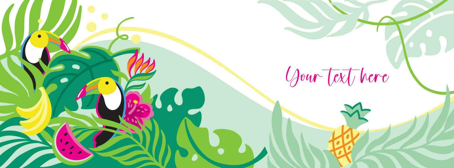 Toucan  in tropical forest. Floral banner. Summer banner. Mockup. Vector illustration.