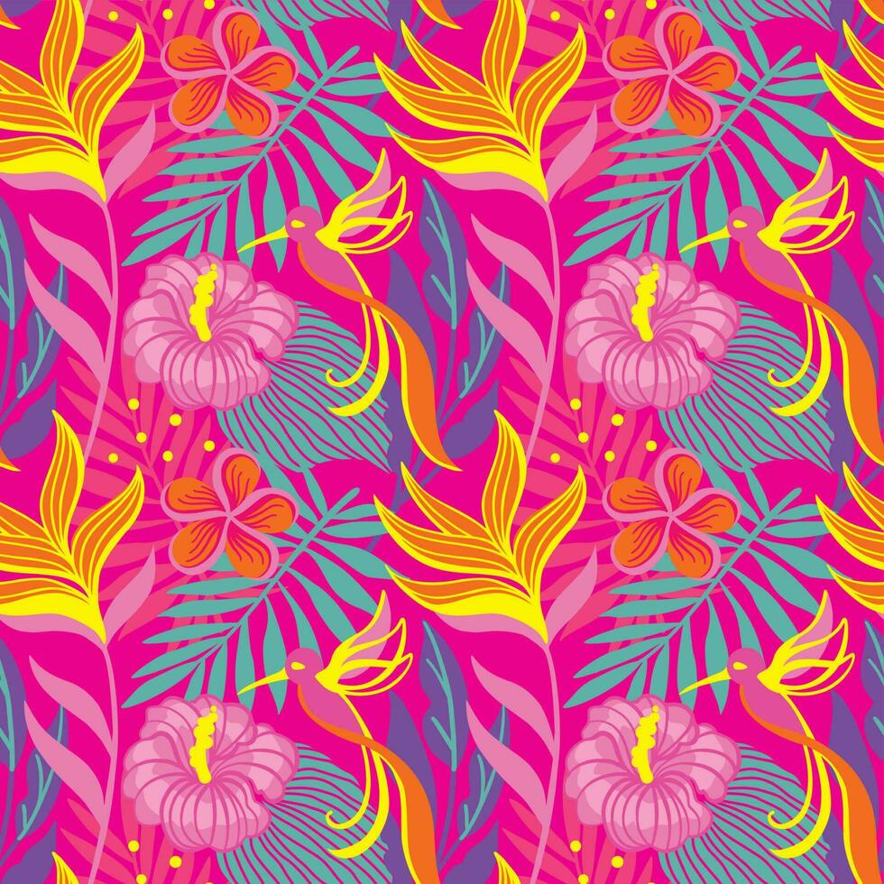 Exotic flowers and plants. Hummingbird, summer print. Seamless pattern for fabric, wrapping, textile, wallpaper, clothes. Vector. vector