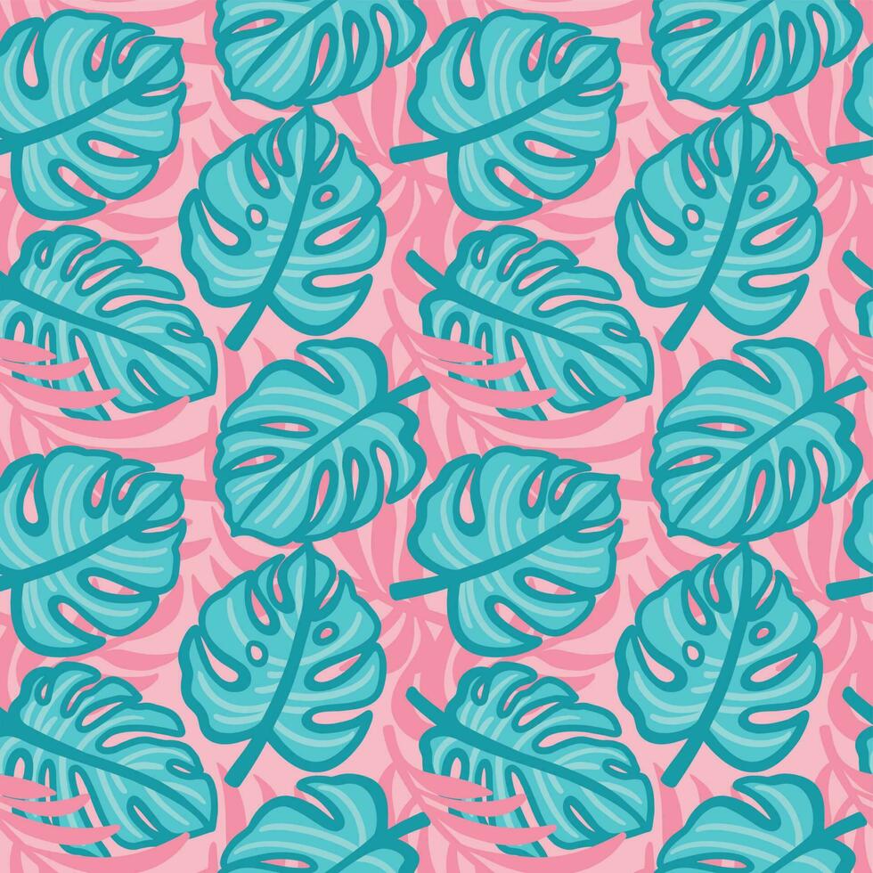 Monstera, exotic leaves on pink background. Summer print. Seamless pattern for fabric, wrapping, textile, wallpaper, clothes. Vector. vector