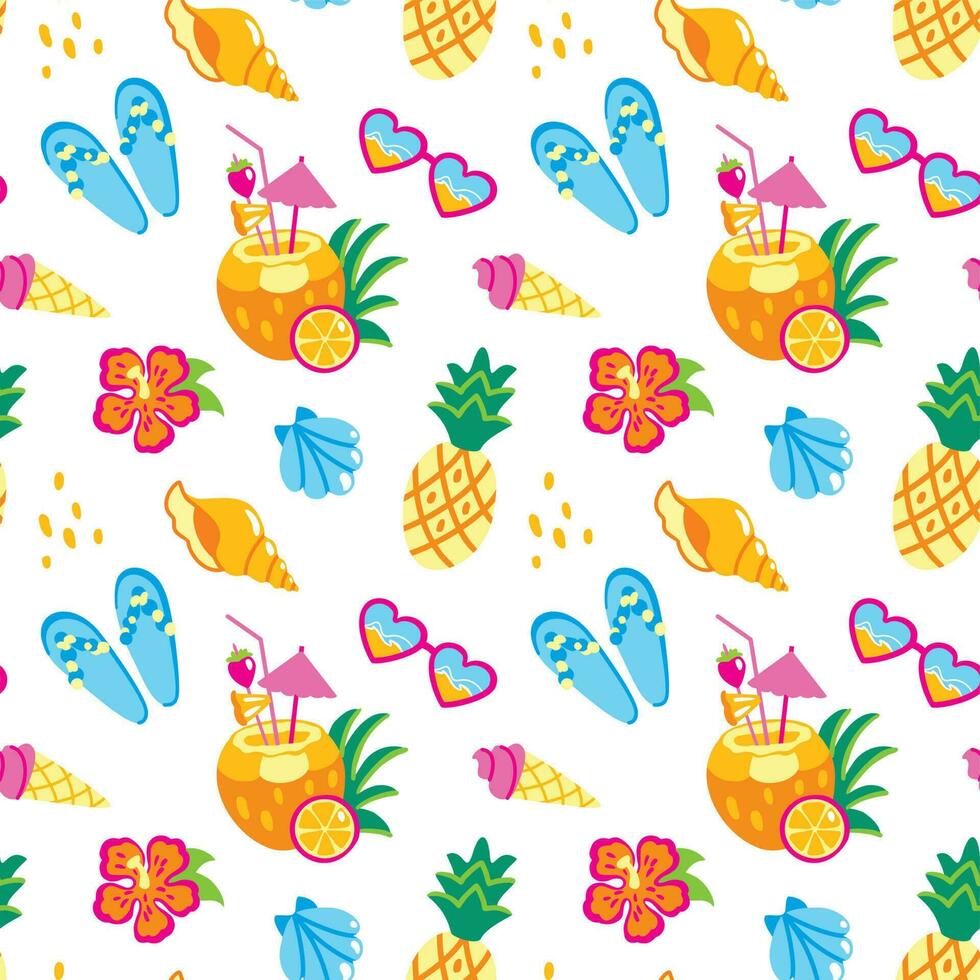 Summer beach, tropical leaves, ice cream, coconut, cocktails, vacation. Seamless pattern for fabric, wrapping, textile, wallpaper, apparel. Vector. vector