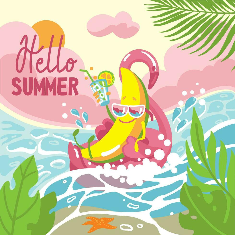 Cheerful banana in sunglasses floats in the sea on pool float. Summer party. Hello summer. Vector illustration.