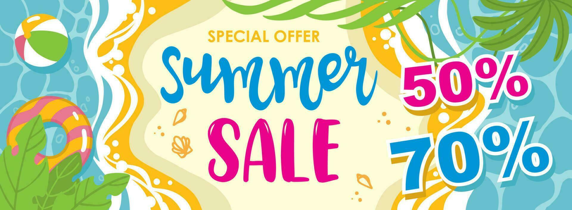 Summer sale horizontal banner template. Mockup. Your text here. Illustration of summer beach. vector