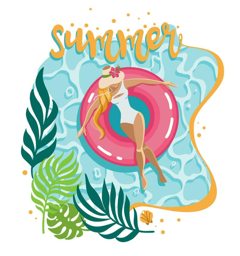 Beautiful girl swims in the sea on an inflatable ring. Pool Party. Summer vibes. Vector illustration.