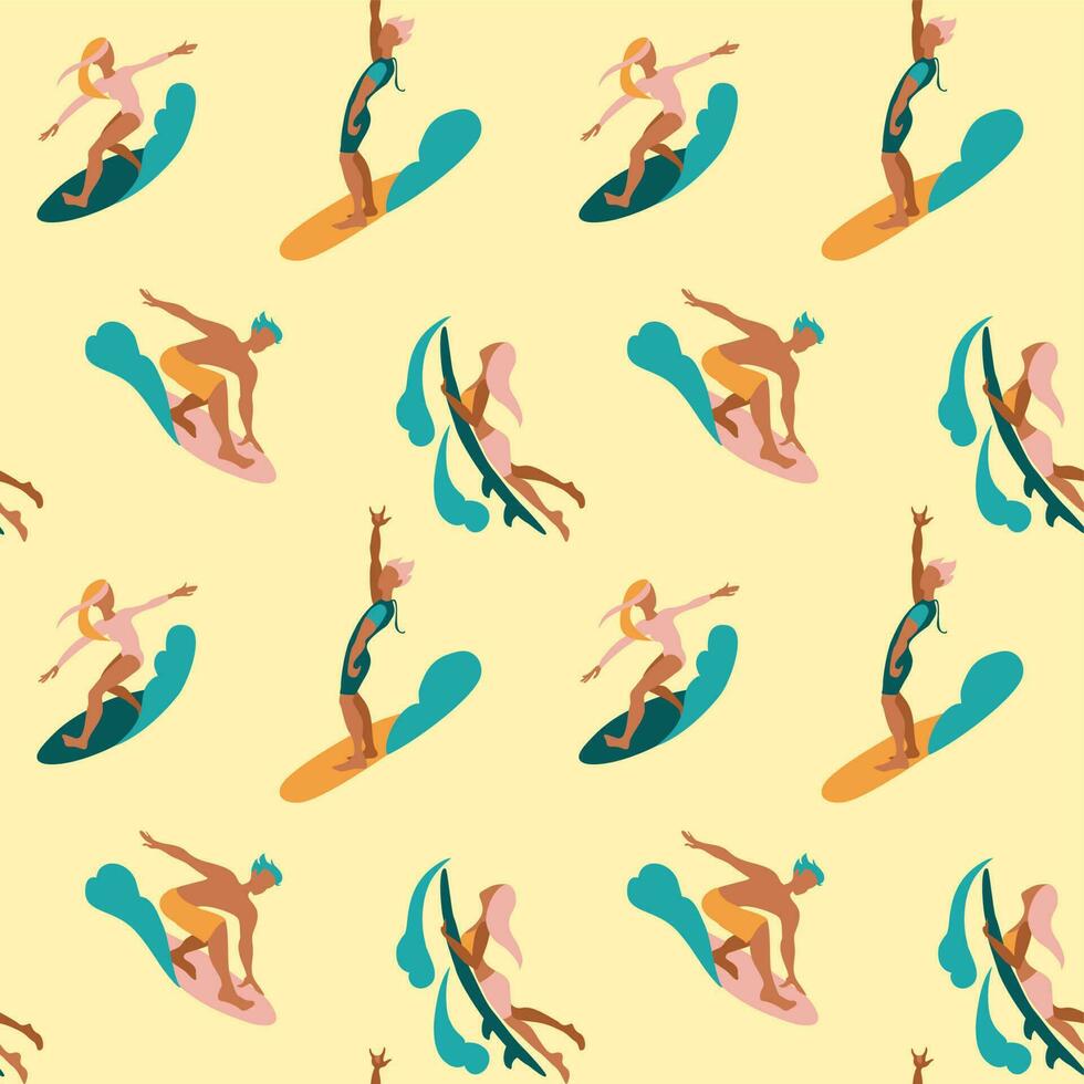 Surfers in the ocean. Summer print. Seamless pattern. vector