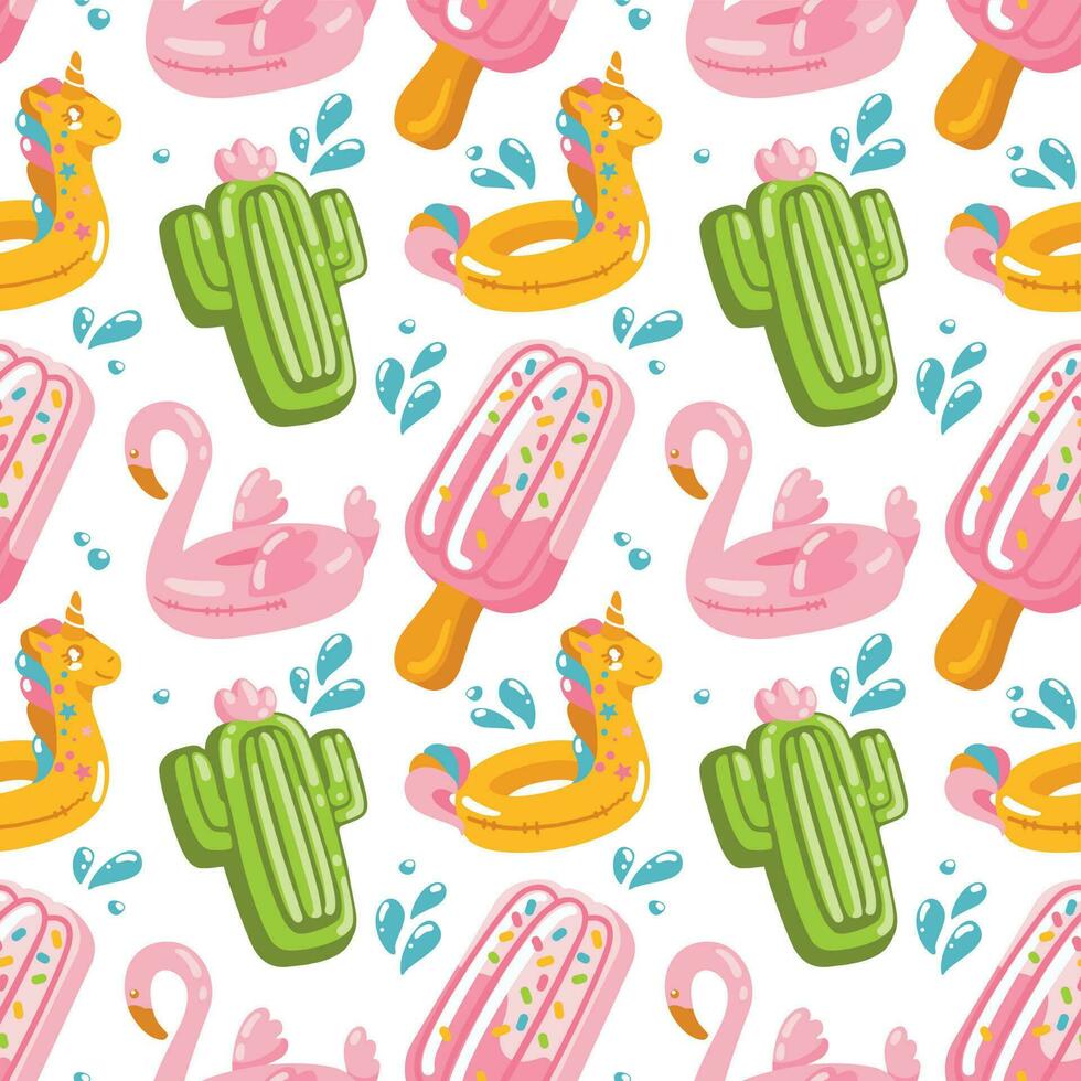 Collections of funny inflatable swimming pools in the form of ice cream, cactus, flamingos and unicorns. Summer recreation and entertainment. Seamless pattern. Vector. vector