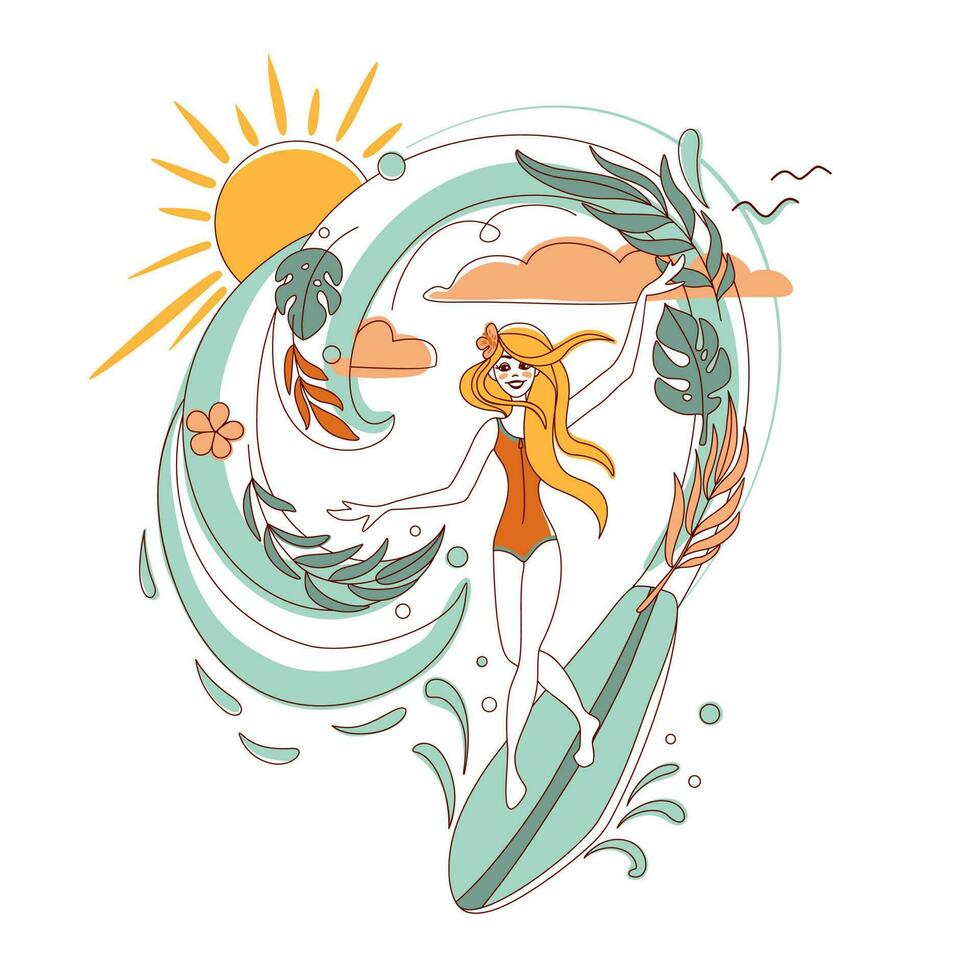 The girl surfing on waves in ocean.  Exotic beach. Summer print. Vector illustration.