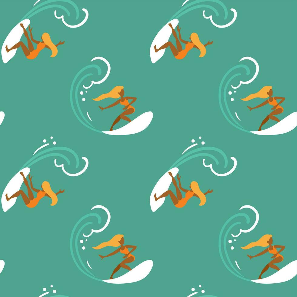 The girl surfing on waves in ocean. Summer vacation. Seamless pattern for fabric, wrapping, textile, wallpaper, apparel. Vector. vector