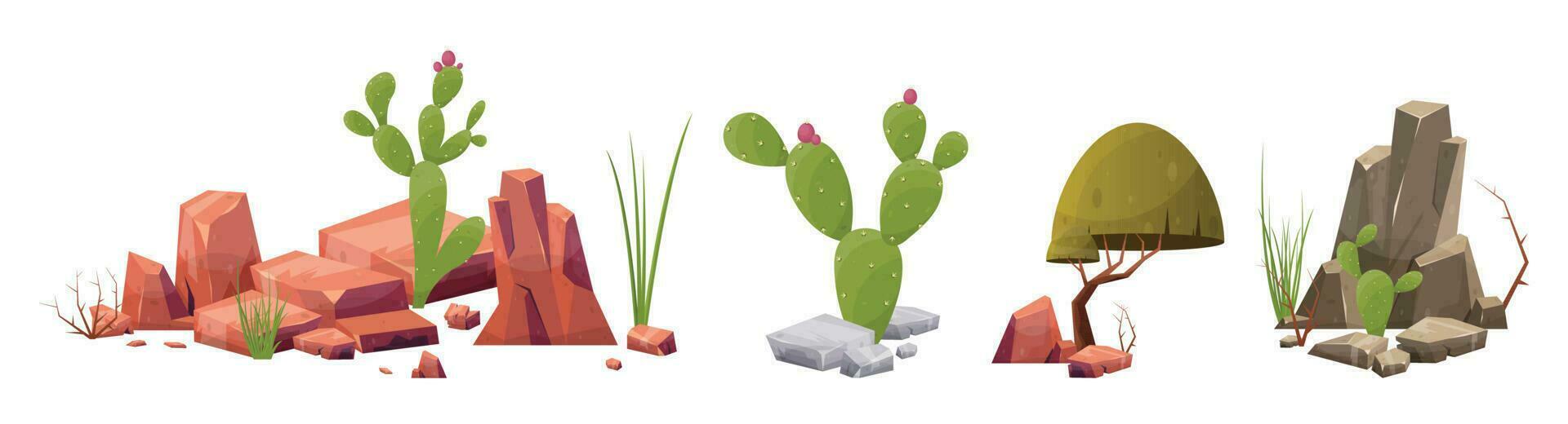 Desert rock with plants in different colors vector illustration isolated on white