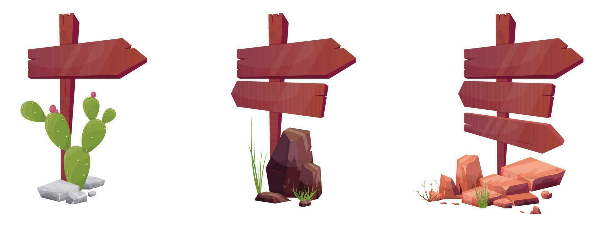 Wooden directional sign boards with desert rocks and plants in cartoon style vector illustration isolated on white