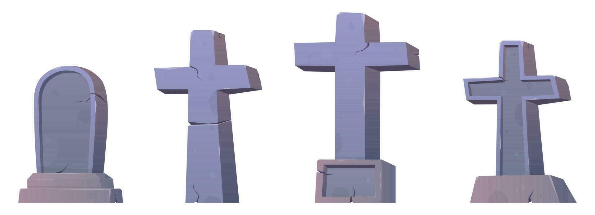 Gothic tombstones and stone crosses. Cemetery crosses, tomb mausoleum, pillar and ancient memorials with cracks vector