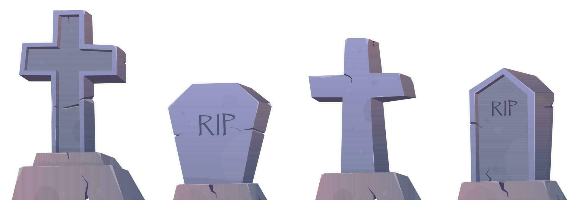 Gothic tombstones and stone crosses. Cemetery crosses, tomb mausoleum, pillar and ancient memorials with cracks vector