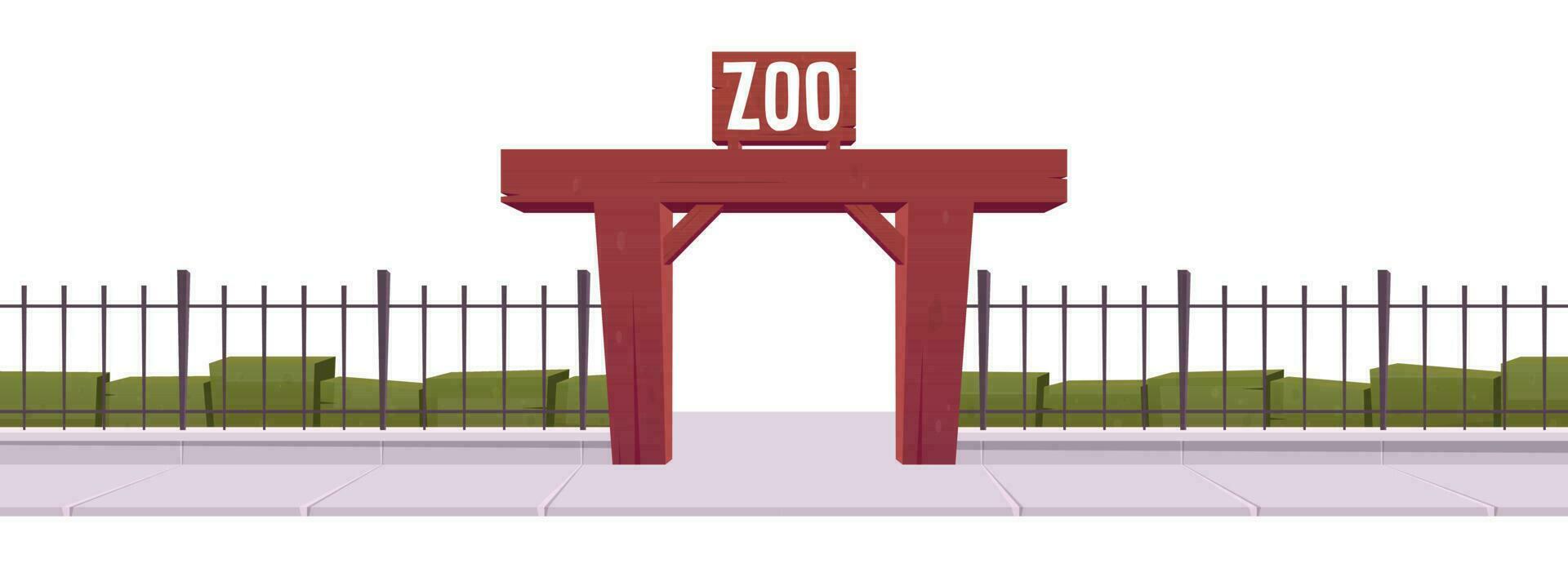 Zoo entrance with steel fence and wooden gate vector illustration