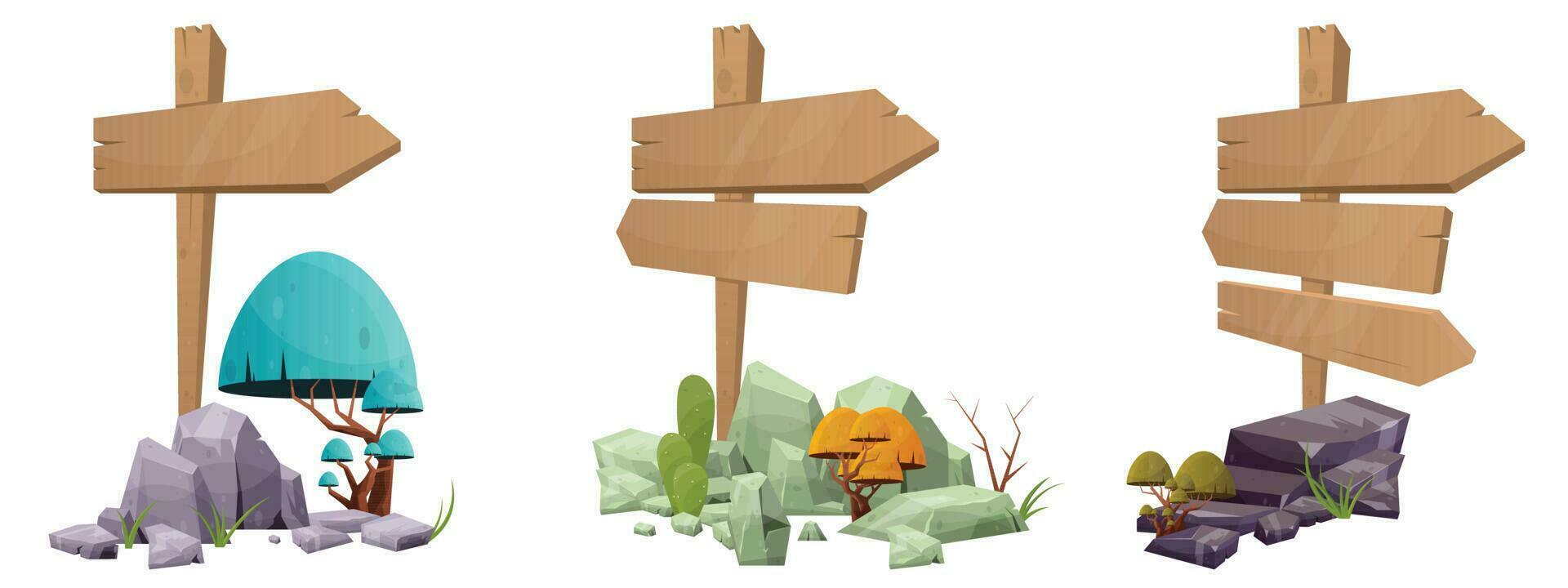 Wooden directional sign boards with desert rocks and plants in cartoon style vector illustration isolated on white