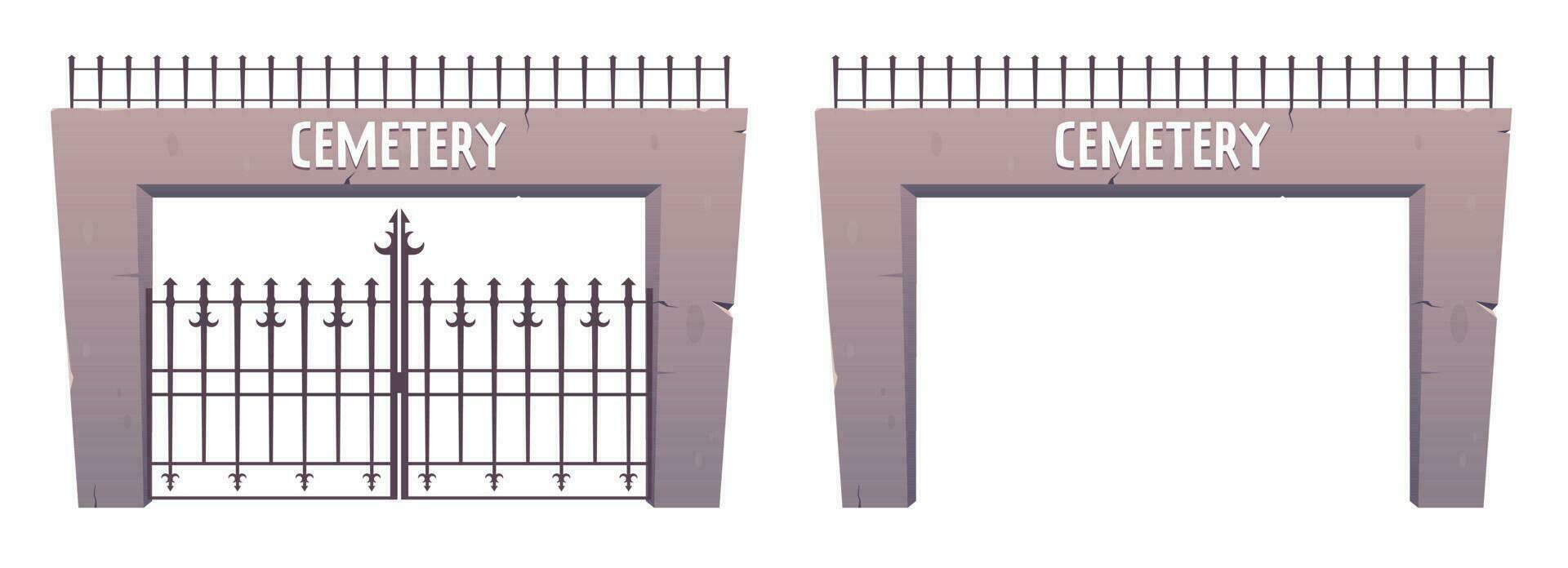 Cemetery fence and entrance to the cemetery in cartoon style. Vector illustration isolated on white