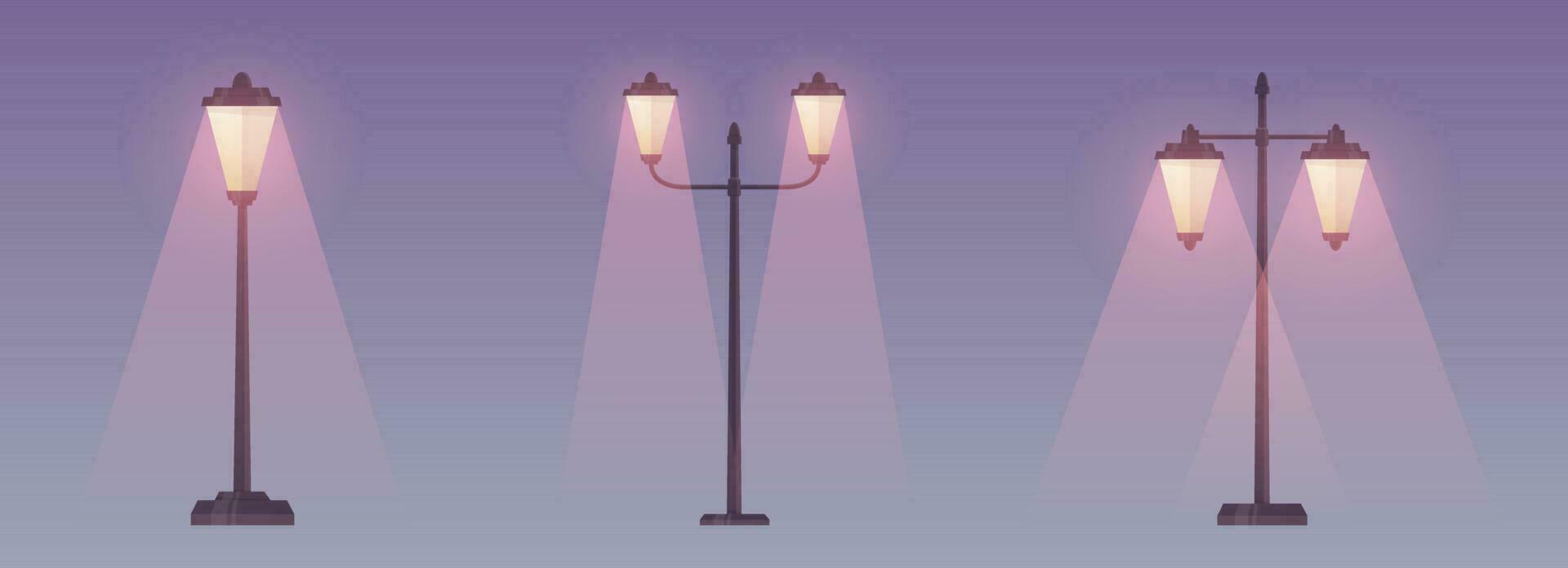 Night view of cartoon city street light collection vector illustration isolated on white