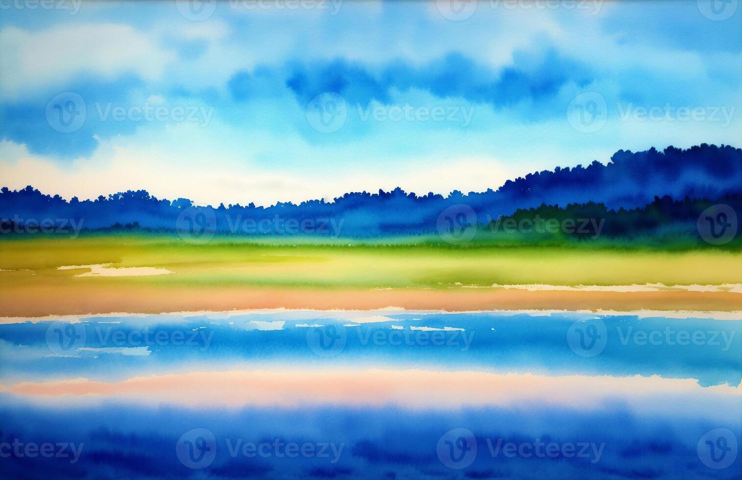 Tranquil Summer Scenery. A Watercolor Painting of Park, Lake, field and River. photo