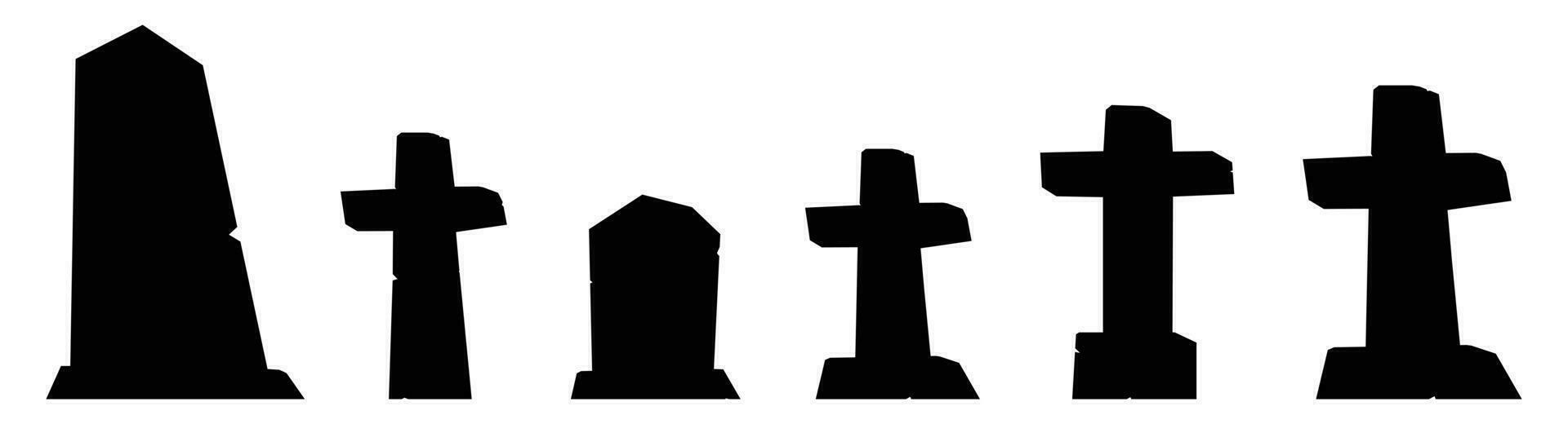 Silhouette gothic tombstones and stone crosses. Cemetery crosses, tomb mausoleum, pillar and ancient memorials with cracks. vector