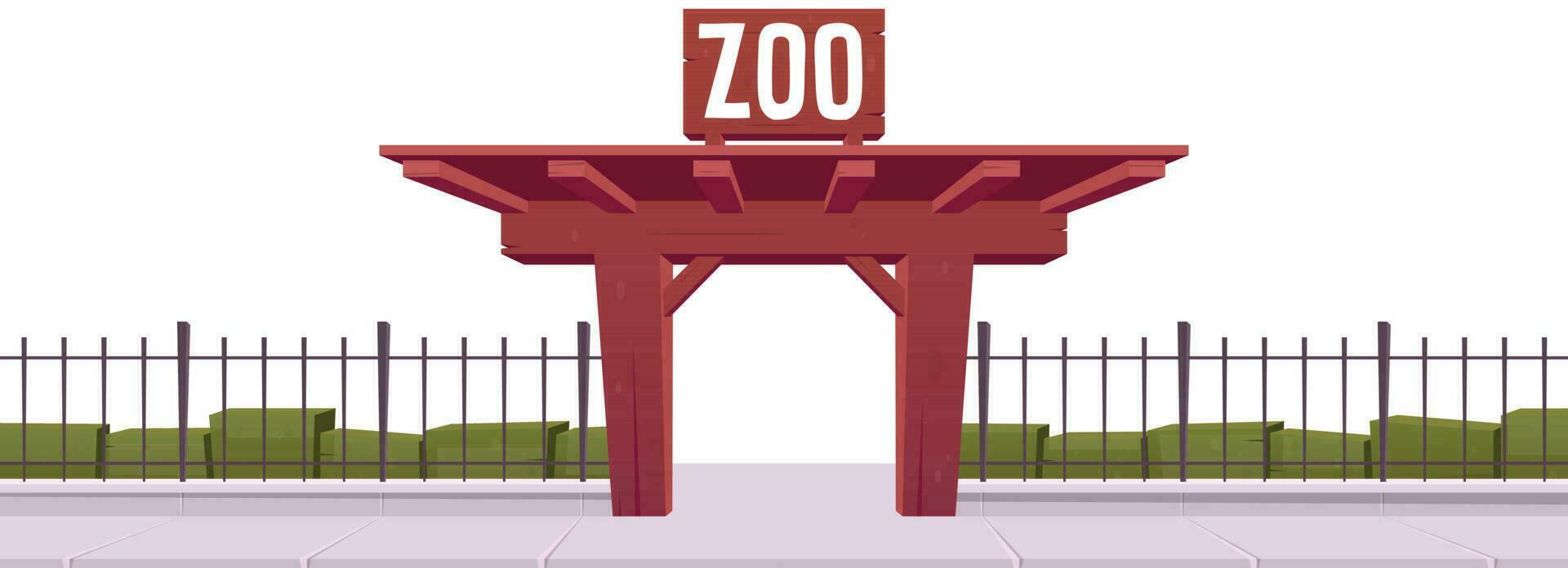 Zoo entrance with steel fence and wooden gate vector illustration