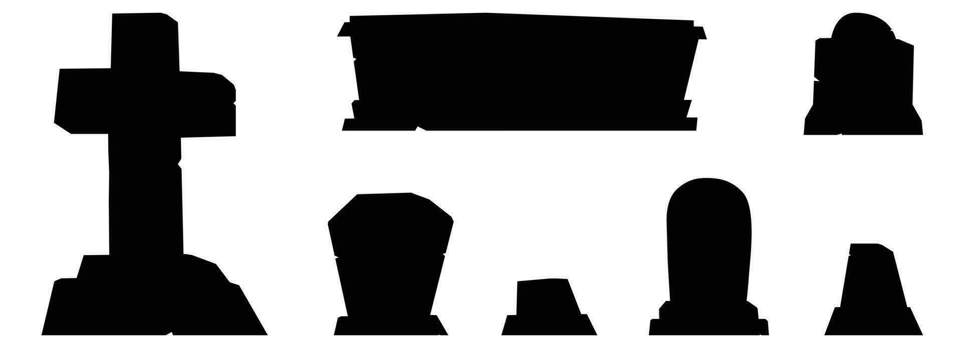 Silhouette gothic tombstones and stone crosses. Cemetery crosses, tomb mausoleum, pillar and ancient memorials with cracks. vector