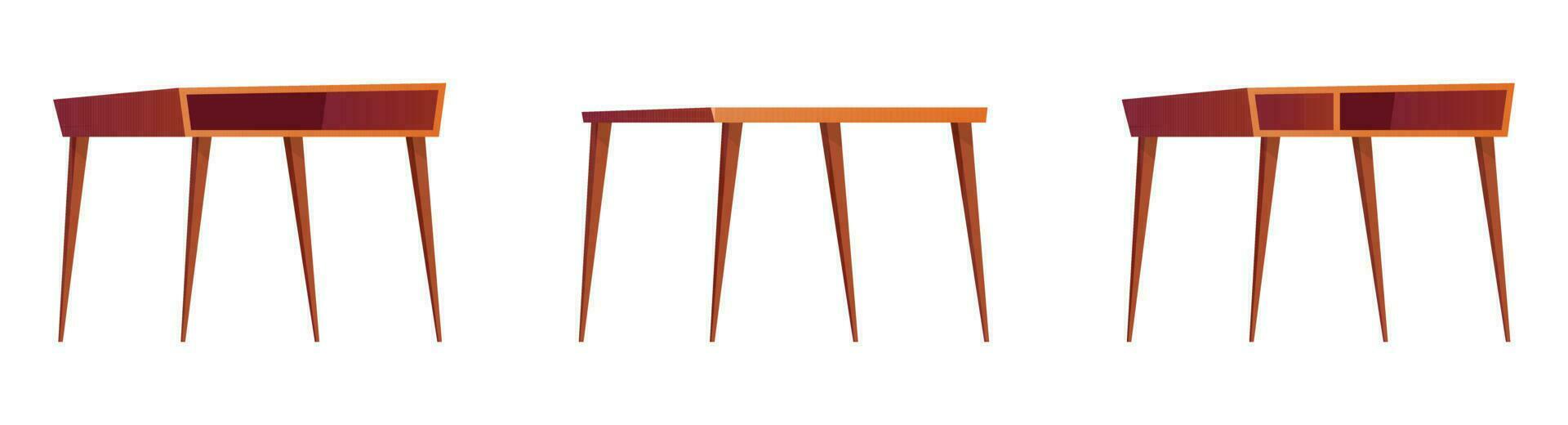 Office wooden desks for work. Collection of cartoon wooden tables, vector illustration isolated on white