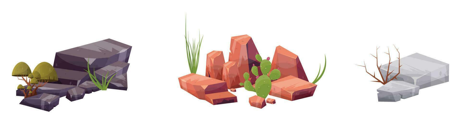 Desierto rock con plantas en diferente colores vector ilustración aislado en blanco