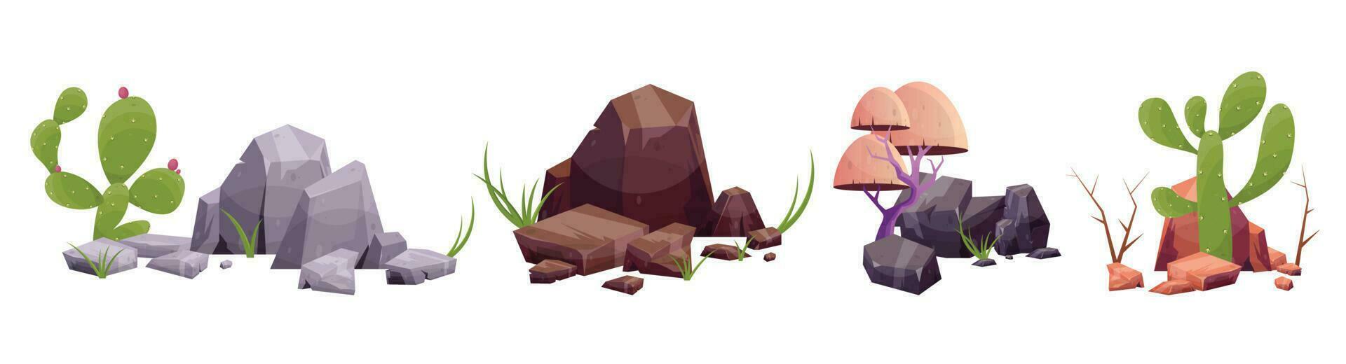 Desert rock with plants in different colors vector illustration isolated on white