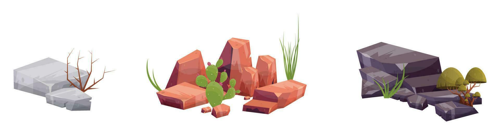 Desert rock with plants in different colors vector illustration isolated on white