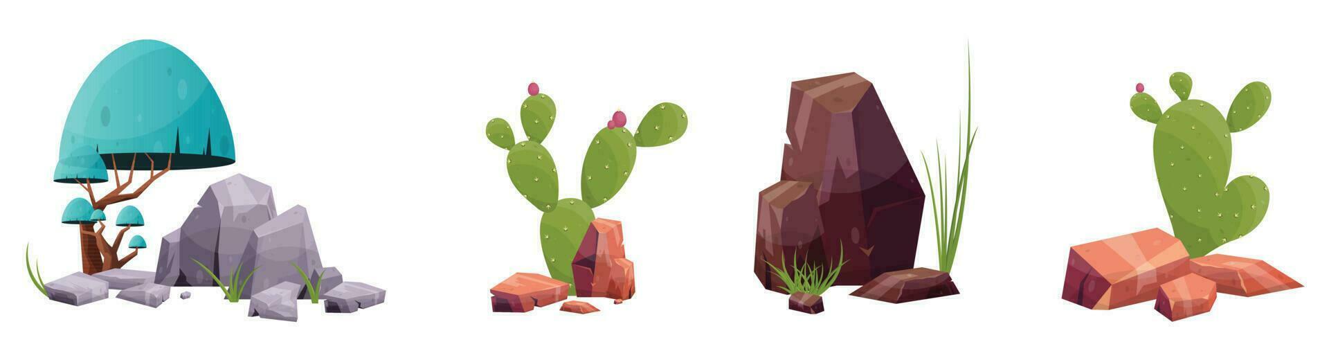 Desert rock with plants in different colors vector illustration isolated on white