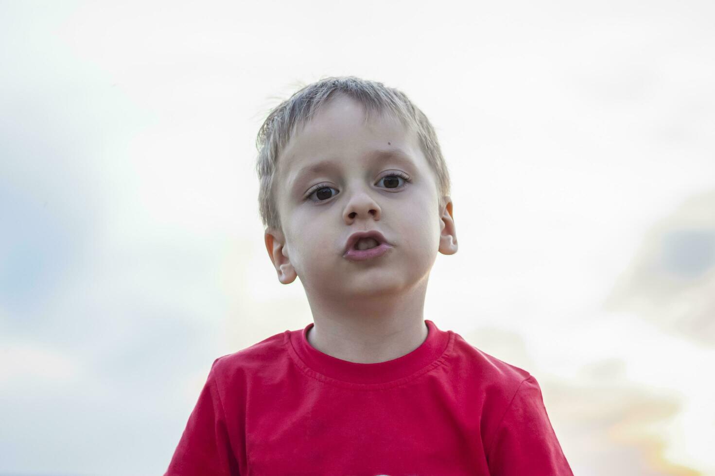 Cute Boy in a red T-shirt on the background of a stunning sunset. Journey.  The face expresses natural joyful emotions. Not staged photos from nature.