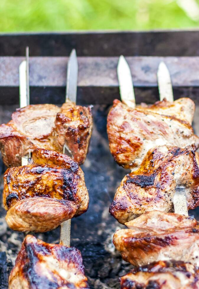 Cocinando un parilla en el fuego. tradicional caucásico brocheta en un brocheta, Cocinando carne en brochetas foto