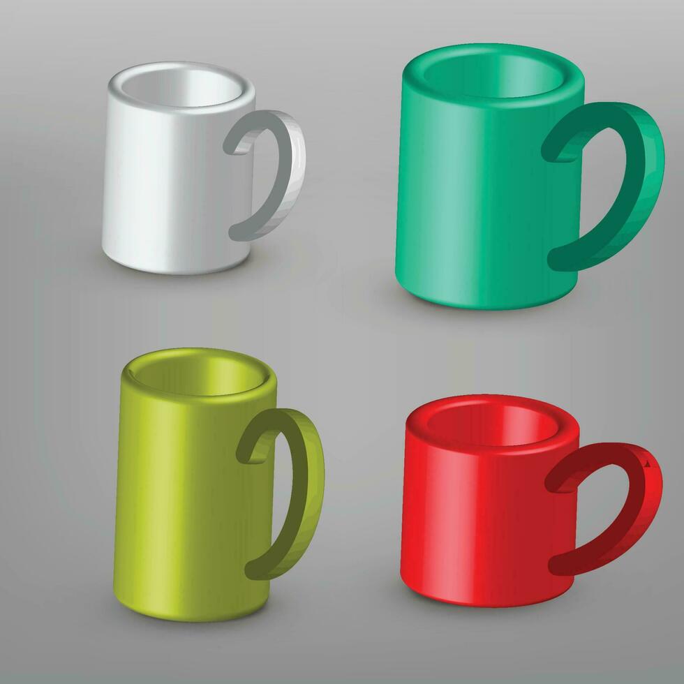 3d café taza. jarra con caliente té y Leche o capuchino y latté. realista americano y Café exprés bebida ilustración vector