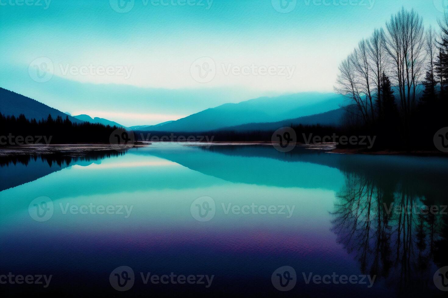 A painting of a lake on the watercolor background. Watercolor paint. Digital art, photo