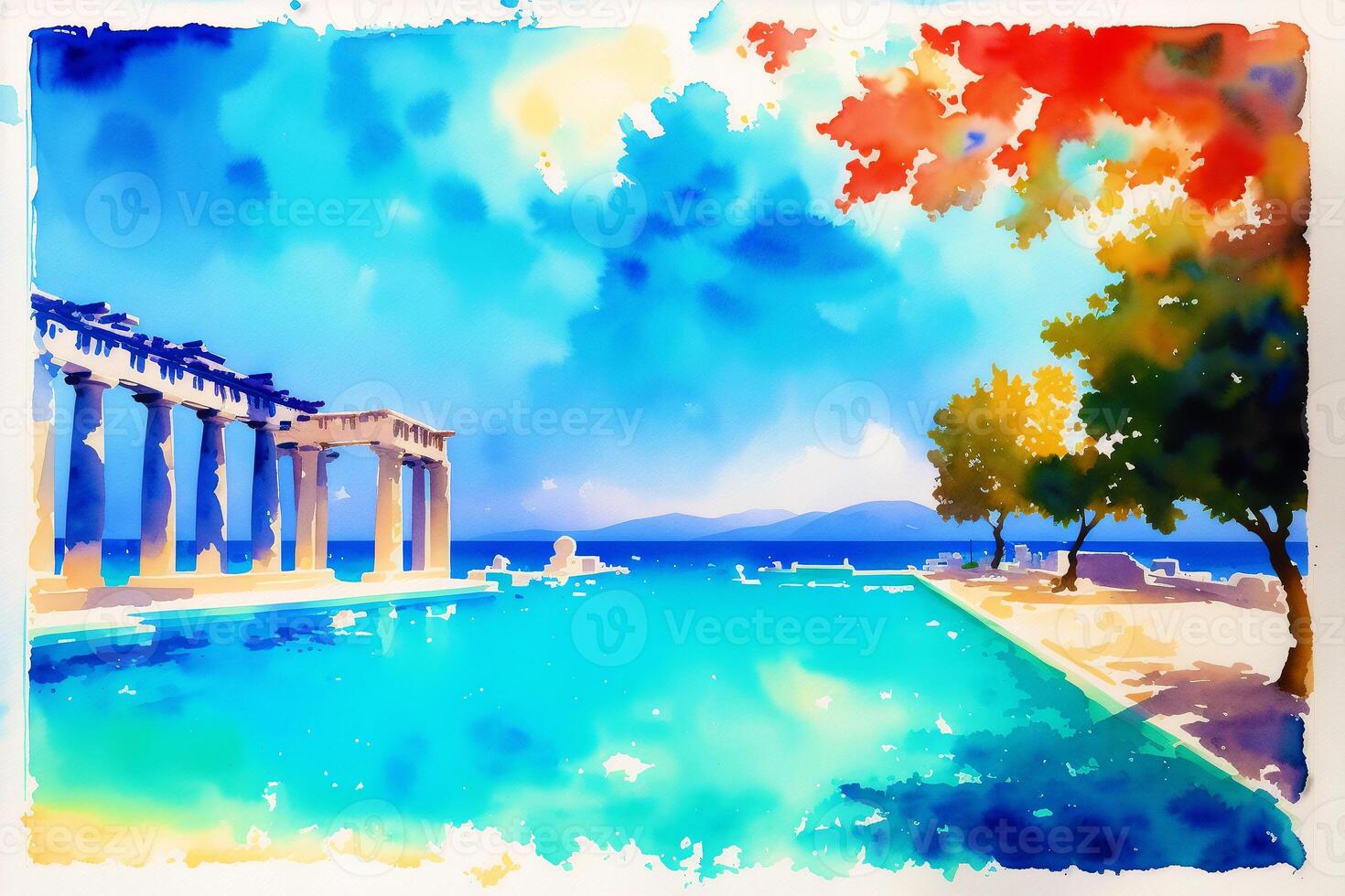 A watercolor town. A Mediterranean Paradise. Watercolor Painting of a Charming Greek Town. photo