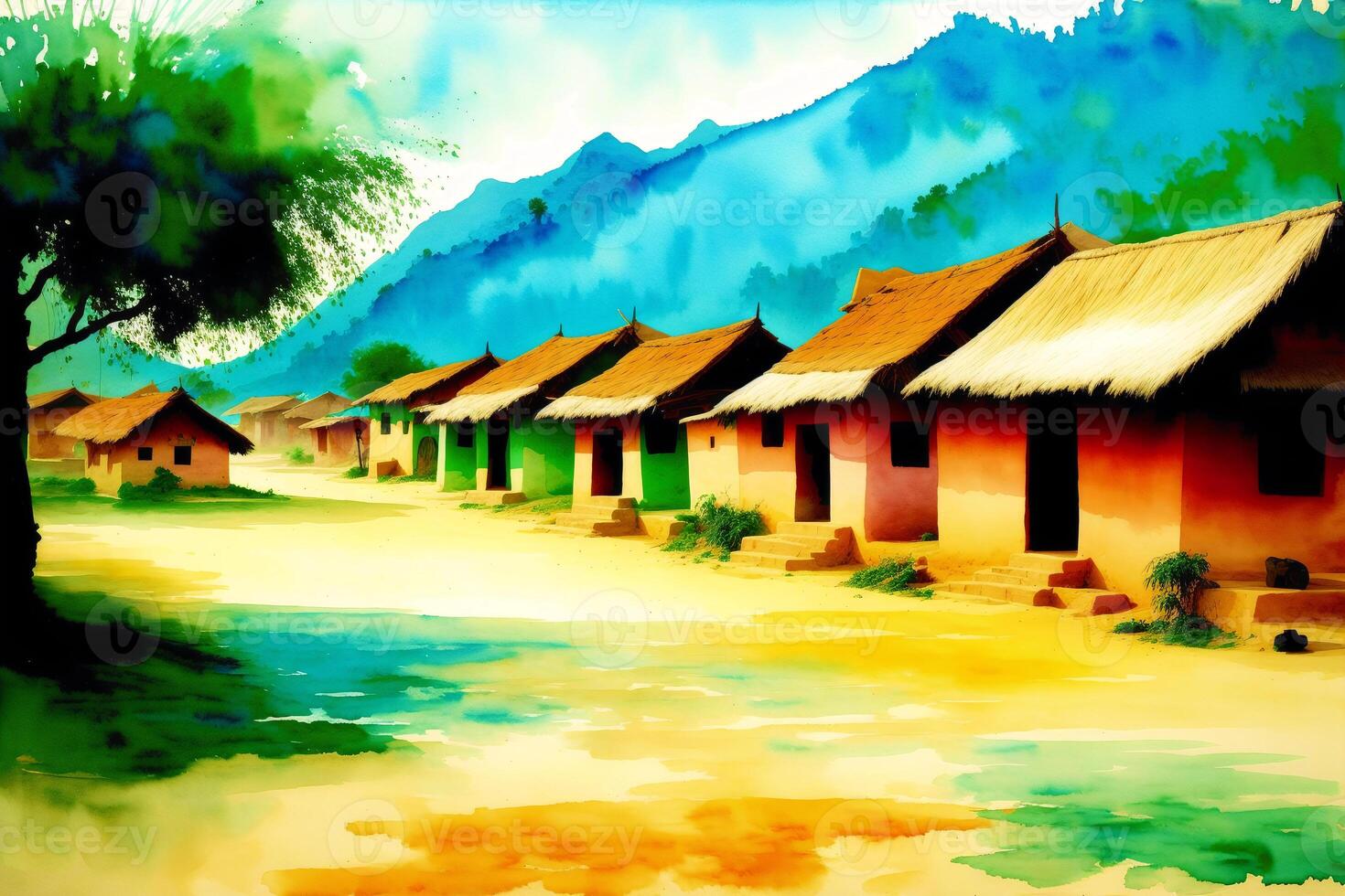 A watercolor town. Enchanting Mexican Delights. Watercolor Painting of a Vibrant Town. photo