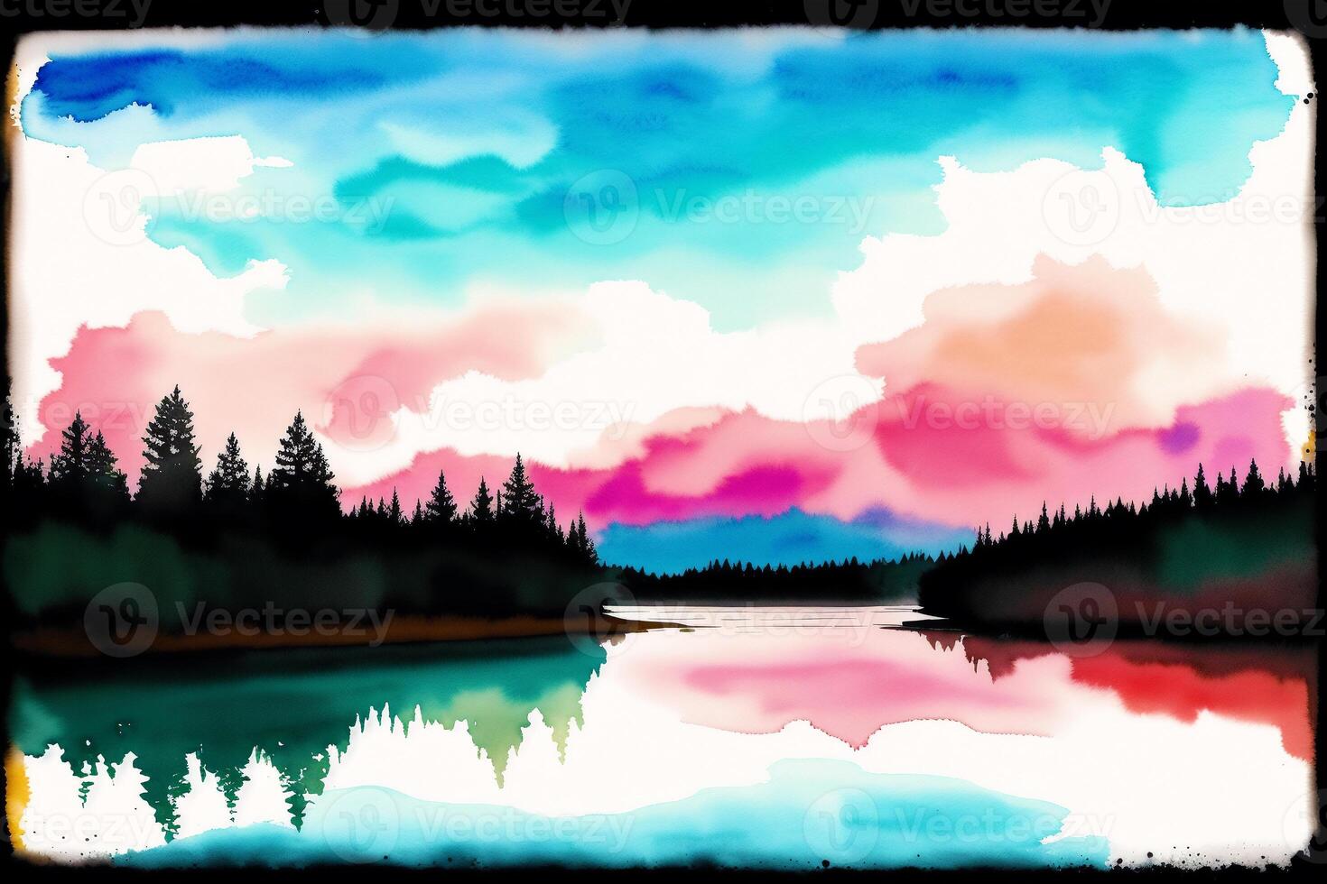 A painting of a lake on the watercolor background. Watercolor paint. Digital art, photo