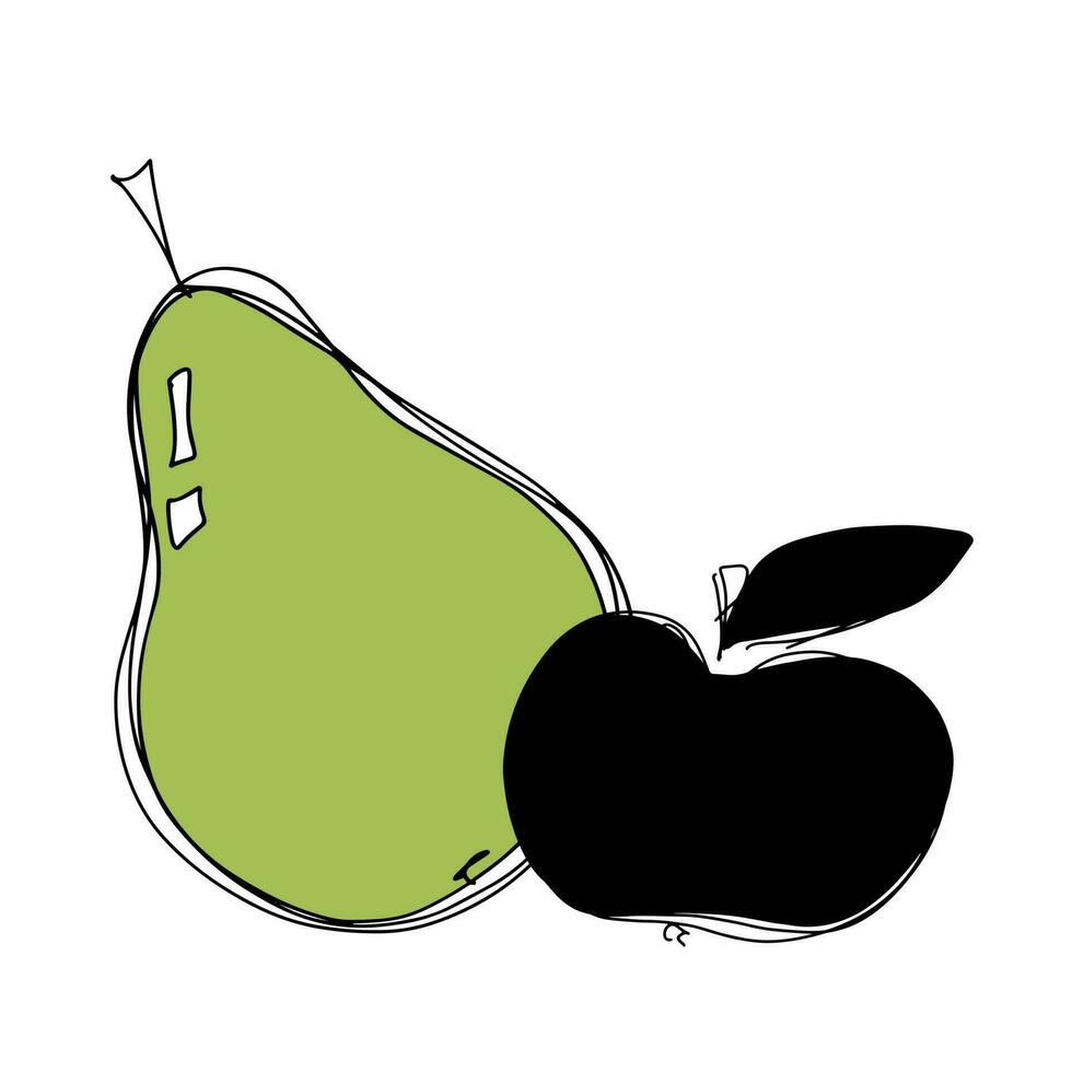 Green pear and apple silhouette on a white background. Vector linear illustration. Sketch. Doodle.
