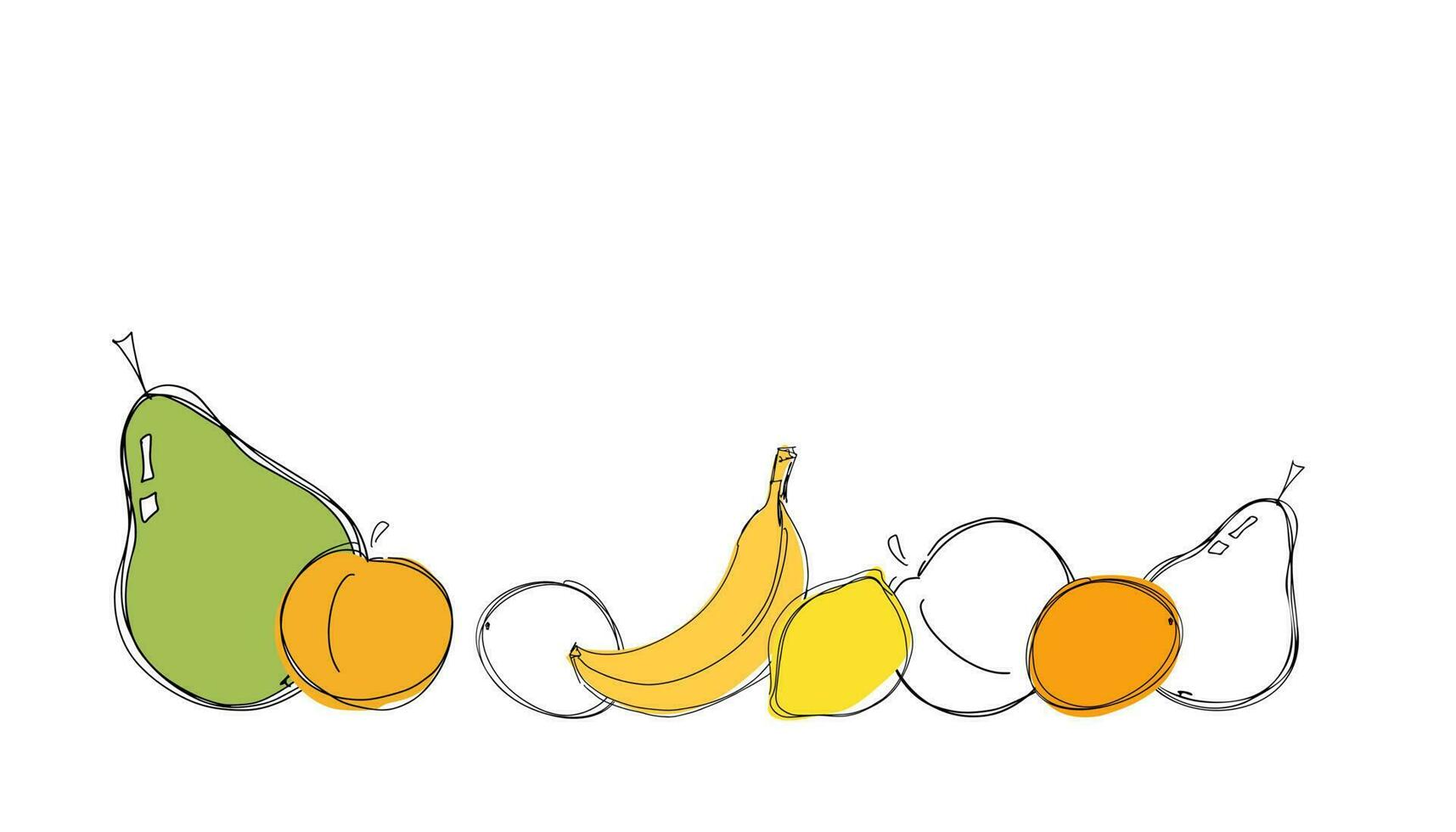 A set of fruit icons on a white background. Fruit doodles are black with abstract colored shapes. Line drawing style. The objects are isolated. Vector. vector